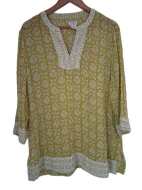 Sigrid Olsen Women’s 100% Cotton Olive Green Printed Embroidered Tunic Top L